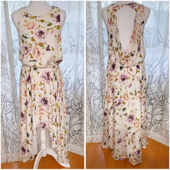 HAUTE HIPPIE SILK FLORAL PRINT SLEEVELESS DRAPED OPEN BACK HIGH LOW DRESS - Picture 3 of 11